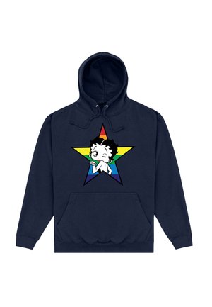 Dunkelblauer Hoodie mit einer Grafik eines animierten Charakters in einem Regenbogenstern. Das Material ist Fleece, mit einer vorderen Tasche und Kordeln.
