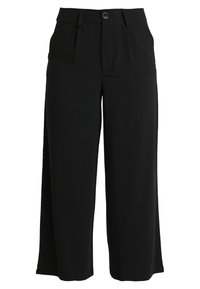 Zwarte wijde broek met riemlussen, geplooide voorkant en knoopsluiting. Gemaakt van een zachte stof met een gestroomlijnde silhoeet.