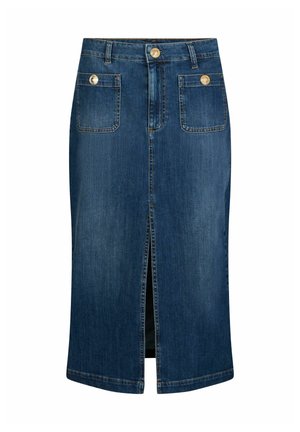 Tmavě modrá denimová midi sukně s předním rozparkem, dvěma předními kapsami na nášivky se zlatými knoflíkovými detaily a poutky na pásek na pasu.