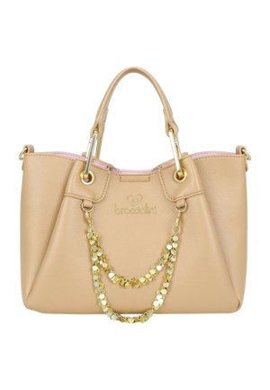 Beige leren handtas met dubbele handvatten, gouden kettingdecoratie en subtiele roze interieurdetails.