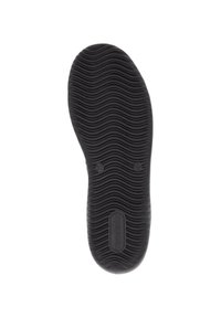 Semelle de chaussure en caoutchouc noir avec texture ondulée. Présente un logo et des marquages de taille. Forme arrondie avec un motif de traction détaillé.
