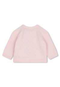 Maglione a maglia rosa chiaro con maniche lunghe, caratterizzato da un motivo testurizzato e polsini e orlo a costine. Design casual con collo rotondo.