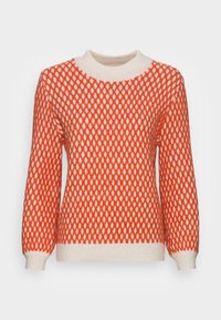 Pull en tricot avec un col rond de couleur crème. Présente un motif en losanges orange et blanc. Manches longues avec poignets et ourlet côtelés.