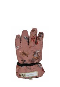 Rosa tyghandske med blommönster; har fem fingrar, elastiskt inlägg och en etikett för storlek och identifiering. Mjuk, texturerad yta.