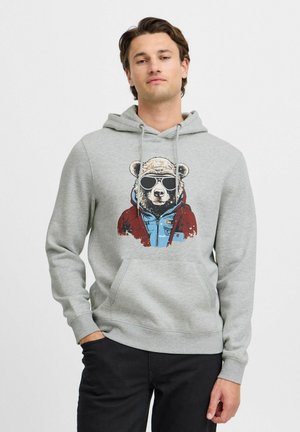 Gray hoodie with drawstrings, featuring a bear graphic in sunglasses and a colorful outfit. Front pouch pocket and ribbed cuffs.