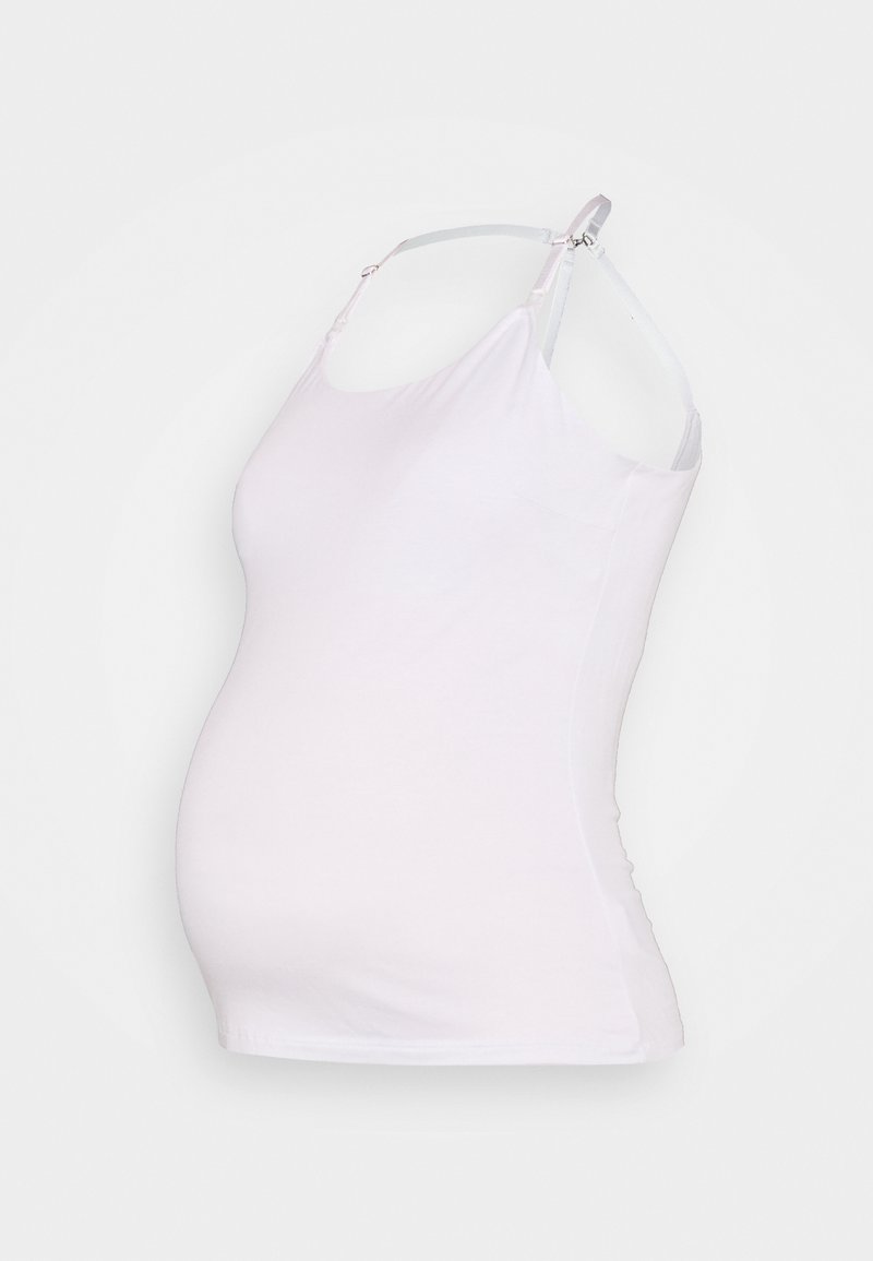 Top de maternidade branco, com alças ajustáveis e um design ajustado. Feito de tecido macio, adaptado para acomodar uma barriga em crescimento.