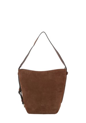 Brown suede shoulder bag with a single wide strap, slightly tapered shape, and small embossed logo near the bottom center.