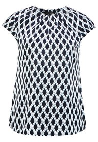 Blusa de manga corta con fondo azul marino y un patrón de gotas de agua en azul claro. Tejido suave con un escote redondeado y un corte holgado.