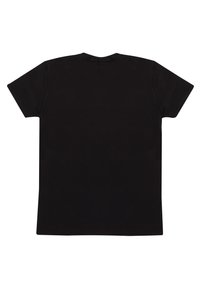 Schwarzes Baumwoll-T-Shirt mit kurzen Ärmeln und Rundhalsausschnitt. Hat einen schlichten Rücken ohne sichtbare Logos oder Muster.