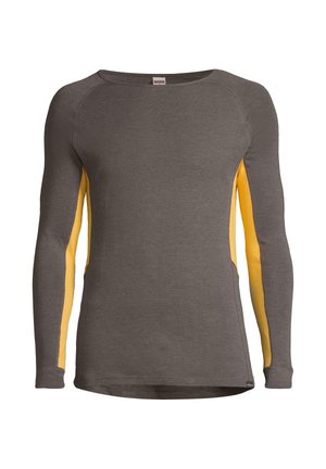 Czarna bluzka z długim rękawem w ciemnoszarym kolorze z żółtymi teksturowanymi panelami bocznymi. Posiada okrągły dekolt i dopasowany krój, wykonana jest z miękkiego, elastycznego materiału.