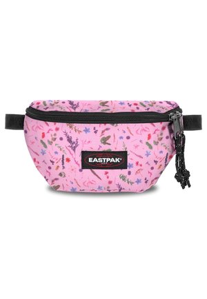 Różowa saszetka Eastpak z czarnym zamkiem i paskiem, ozdobiona małymi kolorowymi kwiatami i liśćmi.