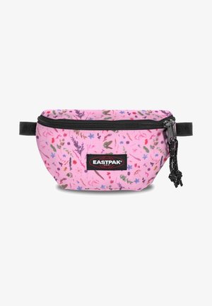 Różowa saszetka Eastpak z czarnym zamkiem i paskiem, ozdobiona małymi kolorowymi kwiatami i liśćmi.