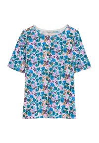 Short-sleeved blouse featuring a floral pattern in blue, purple, and green on a light pink background, with a rounded neckline.