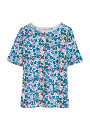 Short-sleeved blouse featuring a floral pattern in blue, purple, and green on a light pink background, with a rounded neckline.