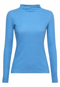 Långärmad blå polotröja med ribbad textur och figurnära design. Har en hög krage och sömlös manschettdetalj.