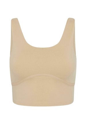 Bēšas, bezšuvju bralete ar platām siksnām, ar apaļu dekoltē un atbalstošu apakšmalu. Gluda, elastīga auduma izstrādājums bez aizdariem.