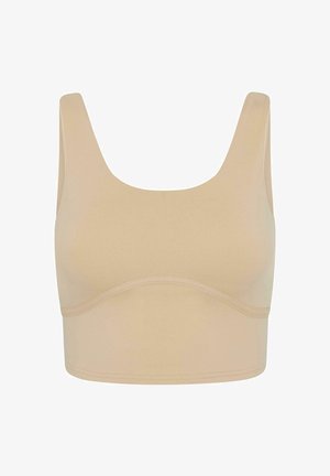Beige, seamless bralette with wide straps, a scoop neckline, and a supportive underband. Smooth, stretchy fabric without closures.