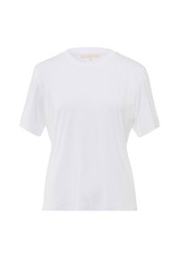 T-shirt bianco a maniche corte con scollo rotondo in un morbido tessuto di cotone, caratterizzato da un design semplice con una vestibilità comoda e senza motivi o accenti visibili.