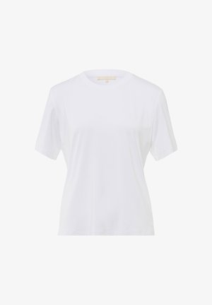 Hvid kortærmet crewneck t-shirt i blødt bomuldsstof, med et enkelt design, afslappet pasform og uden synlige mønstre eller accenter.