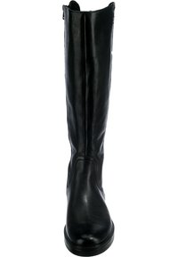 Bota de cuero negra hasta la rodilla con un acabado suave, forma estructurada, detalle de triple costura y punta redondeada. Presenta un cierre lateral.