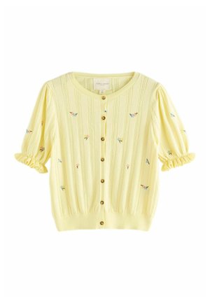Light yellow knitted cardigan with short puff sleeves, brown buttons down the front, and small multicolored floral embroidery.
