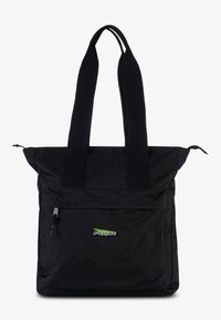 Czarna torba na ramię z podwójnymi paskami z materiału, przednią kieszenią na zamek oraz małym zielonym logo. Materiał o gładkiej teksturze, minimalistyczny i funkcjonalny design.