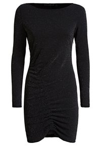 Robe noire à manches longues avec un design ajusté, des côtés froncés et une finition texturée présentant des paillettes discrètes.