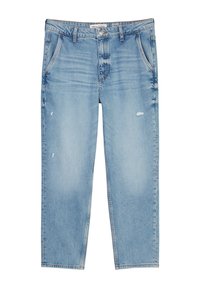 Lyseblå denimjeans med en avslappet passform, med subtil fading, slitte detaljer, fem lommer og knappelukking.