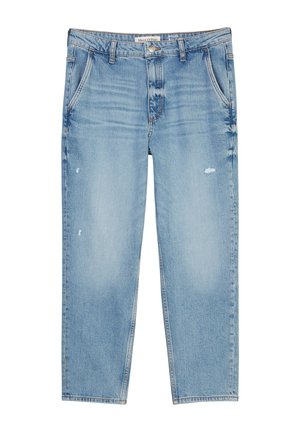 Lichtblauwe denim jeans met een relaxte pasvorm, voorzien van subtiele vervaging, versleten details, vijf zakken en een knoopsluiting.