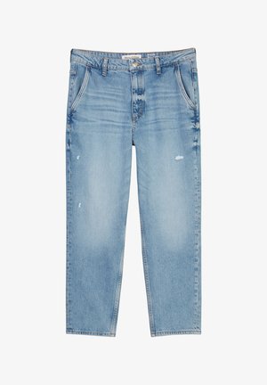 Heledad sinine denim püksid mugava lõikega, millel on õrn fade, kulunud detailid, viis taskut ja nupuluku.