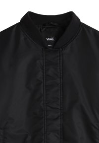 Veste bomber noire en tissu lisse, avec col côtelé, fermeture éclair à l'avant et discrètes coutures décoratives. Taille small.