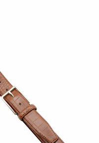 Cintura in pelle marrone con motivo coccodrillo, dotata di una fibbia in metallo argento e di più fori di regolazione. Texture liscia e finitura lucida.