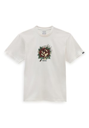 T-shirt bianco Vans con una grafica centrale di una rosa rossa circondata da fiamme e foglie verdi, logo Vans sotto la rosa.