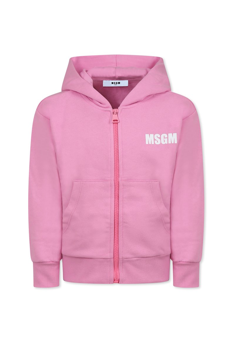 Felpa con zip rosa realizzata in tessuto morbido, con tasca frontale, polsini a coste e il logo "MSGM" stampato in bianco sul lato sinistro.