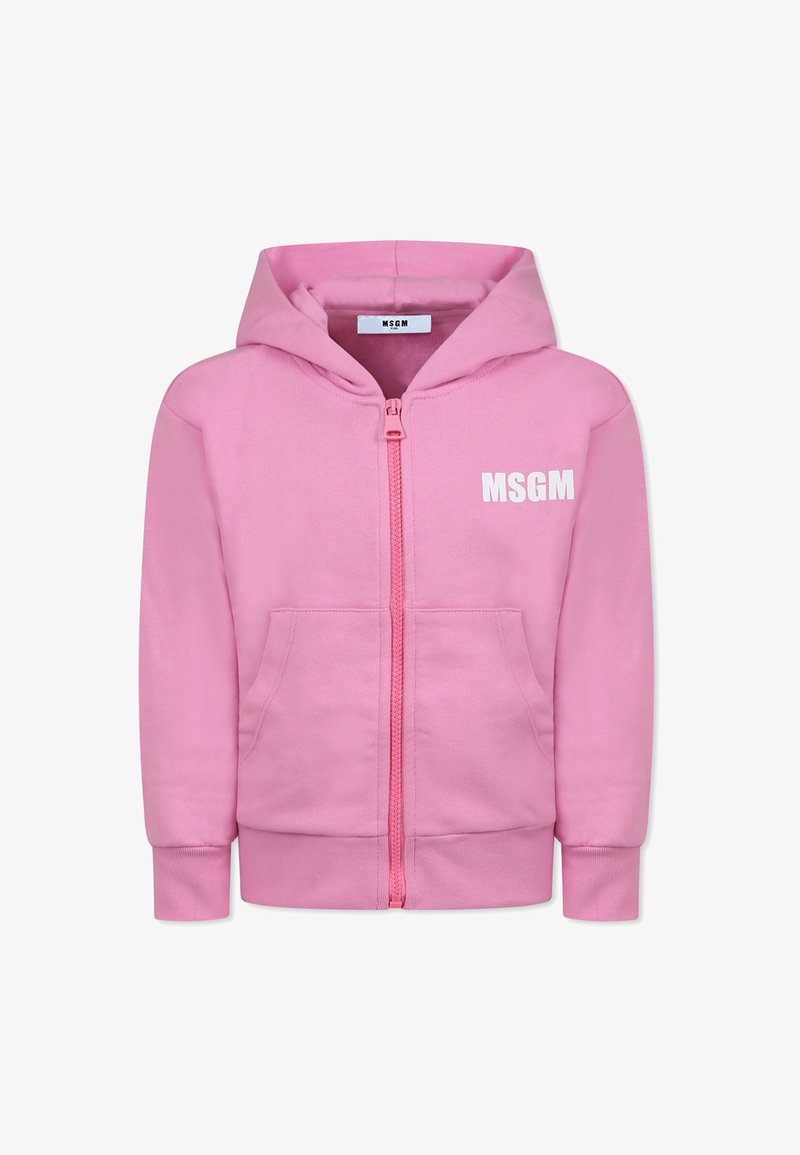 Felpa con zip rosa realizzata in tessuto morbido, con tasca frontale, polsini a coste e il logo "MSGM" stampato in bianco sul lato sinistro.