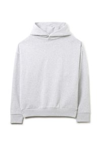 Felpa grigia con cappuccio, realizzata in tessuto morbido. Presenta polsini e orlo a costine, con un design semplice e senza motivi o accenti visibili.