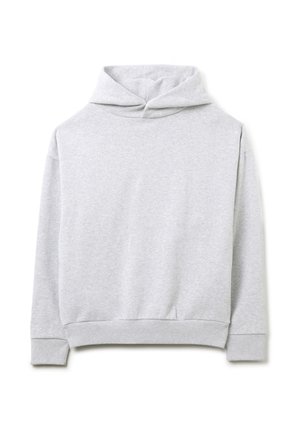 Grijze hoodie van zacht materiaal. Heeft ribgebreide boorden en een zoom, met een eenvoudig ontwerp en zonder zichtbare patronen of accenten.
