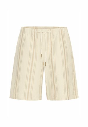 Beige striped shorts made of textured fabric, featuring an elastic waist with a drawstring and minimalistic design.