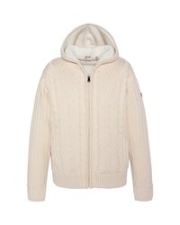 Felpa con cappuccio beige a treccia, dotata di zip completa, polsi a coste e un interno morbido foderato in pile. Presenta dettagli a motivo sulla parte anteriore.