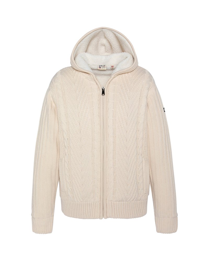 Felpa con cappuccio beige a treccia, dotata di zip completa, polsi a coste e un interno morbido foderato in pile. Presenta dettagli a motivo sulla parte anteriore.