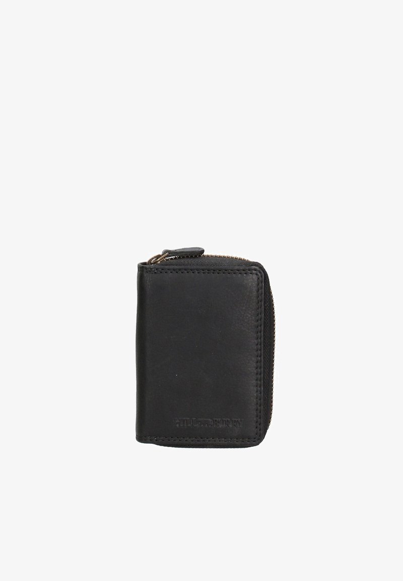 Zwarte leren portemonnee met een rits, met een gladde textuur en een eenvoudig ontwerp. Het logo is in het leer gedrukt aan de voorkant.