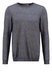 Herren Langarmpullover aus meliertem dunkelgrau mit Rundhalsausschnitt, mit gerippten Bündchen und Saum.