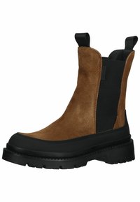 Brown suede ankle boot with black elastic side panels, reinforced toe, and textured rubber sole. Features pull tabs for easy wear.