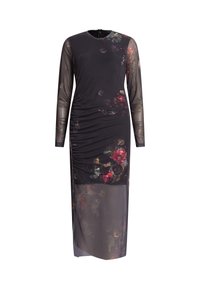 Robe midi noire à manches longues avec manches et ourlet en tulle à imprimé floral, dotée de côtés froncés et d'un col rond.