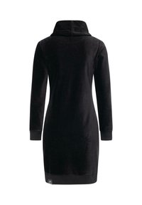 Schwarzes Langarmkleid mit hohem Kragen, aus weichem, strukturiertem Stoff. Es verfügt über ein tailliertes Design und einen gerippten Saum sowie gerippte Manschetten.