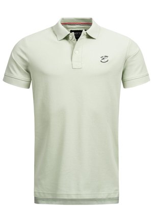 Light green polo shirt made of cotton. Features a collar, short sleeves, and a small embroidered logo on the left chest. No patterns.