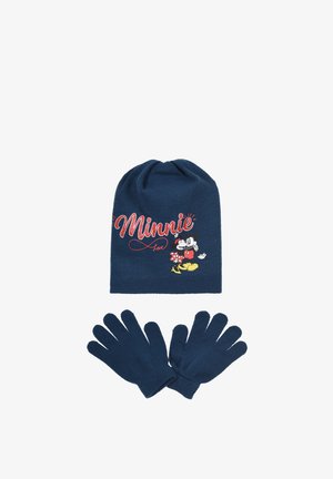 Marinefarbener Strickbeanie mit "Minnie Love" Druck und Charakterillustration, kombiniert mit passenden Fünf-Finger-Handschuhen in derselben Farbe.