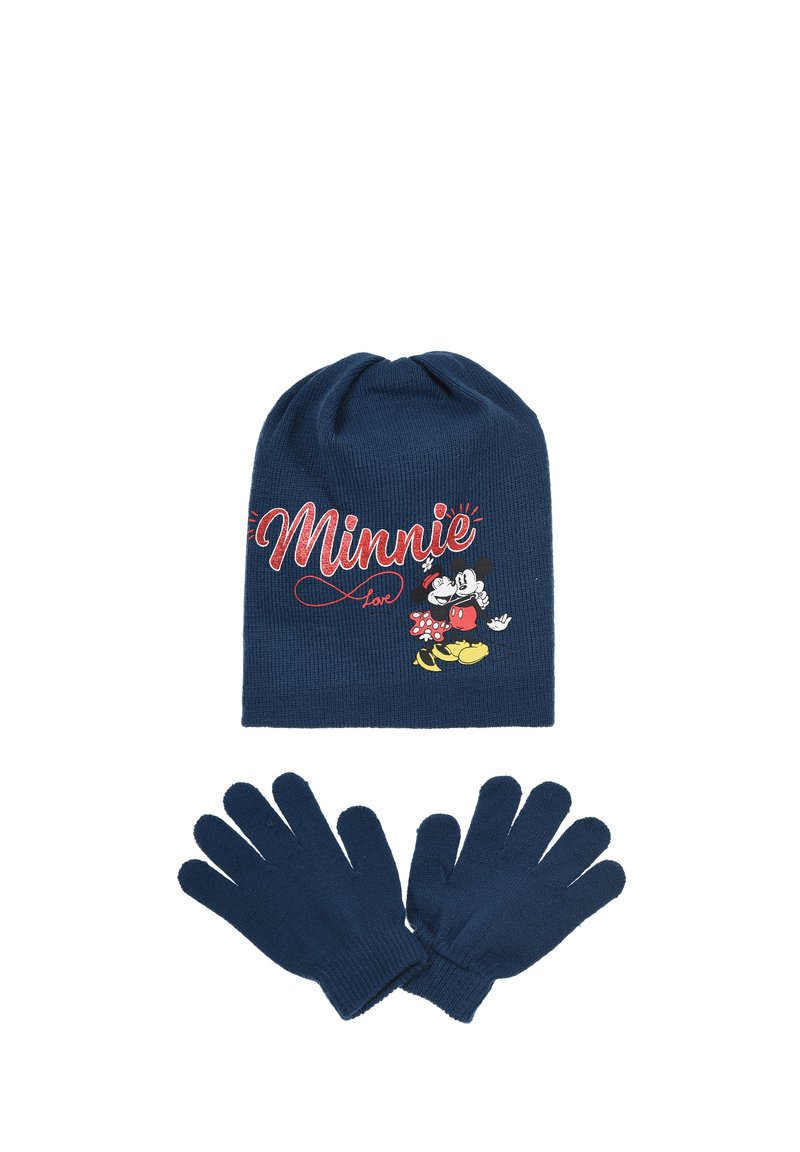 Berretto di lana navy con stampa "Minnie Love" e illustrazione del personaggio, abbinato a guanti a cinque dita dello stesso colore.
