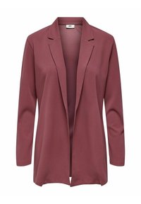 Blazer mauve con apertura frontale, maniche lunghe e revers, dalla vestibilità comoda, adatto per abbigliamento casual o da lavoro.