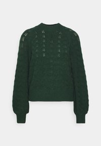 Grüner Strickpullover mit strukturiertem Muster und gerippten Bündchen. Klassischer Rundhalsausschnitt und leicht aufgebauschte Ärmel. Strukturierte Form.